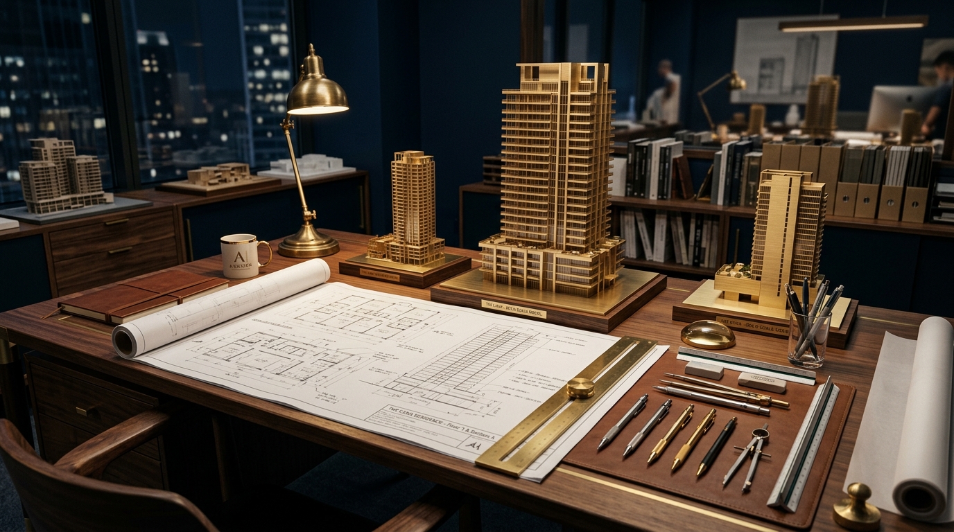 Mesa de projetos e maquetes de arquitetura